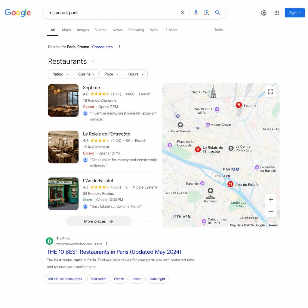 Résultats Google pour la requête restaurant paris