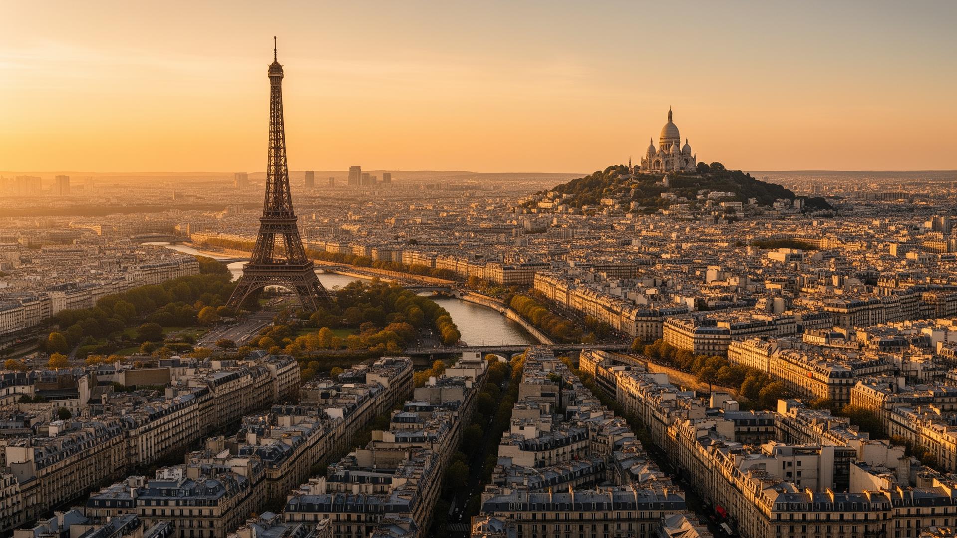 Vue aérienne de Paris avec la Tour Eiffel et les toits haussmanniens